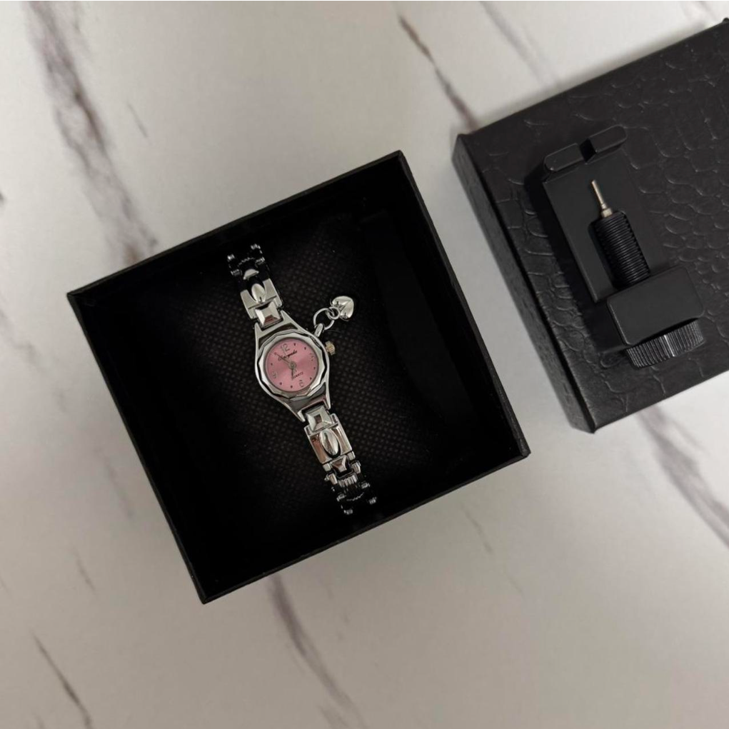 Silver/Pink Watch Heart Charm