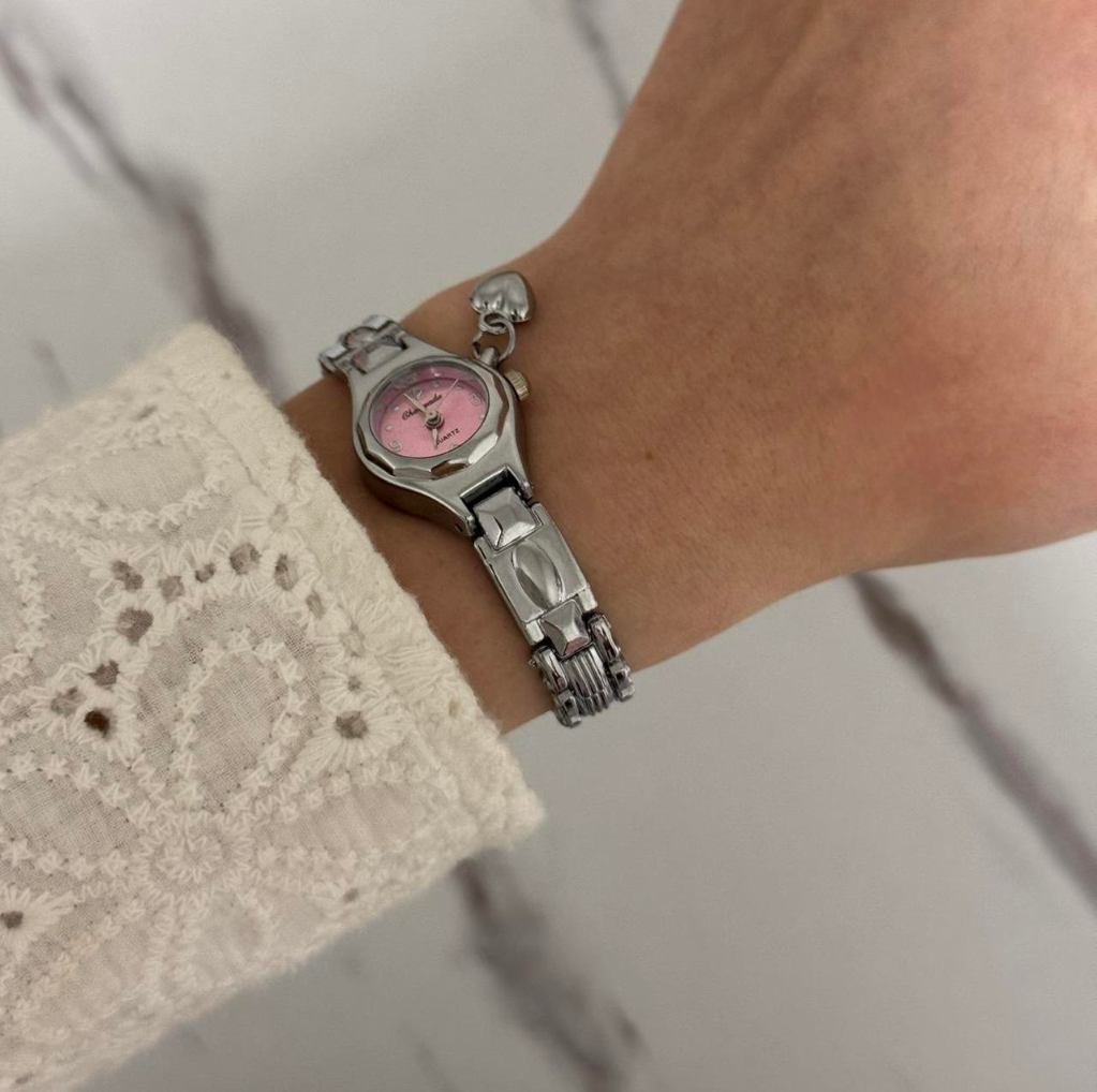 Silver/Pink Watch Heart Charm