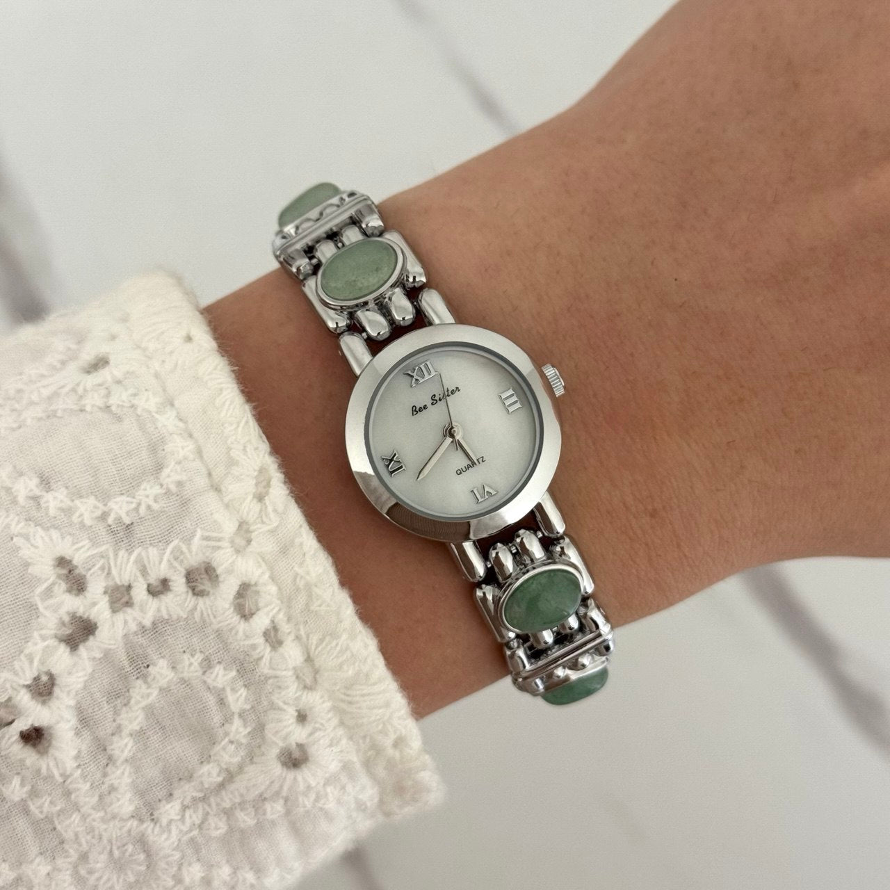 Silver/Green Stones Mini Watch