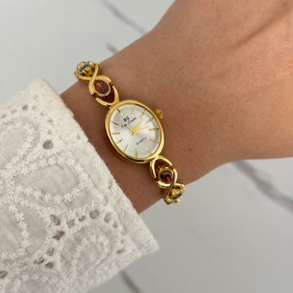 Gold Mini Watch Multicoloured Zircon Stones