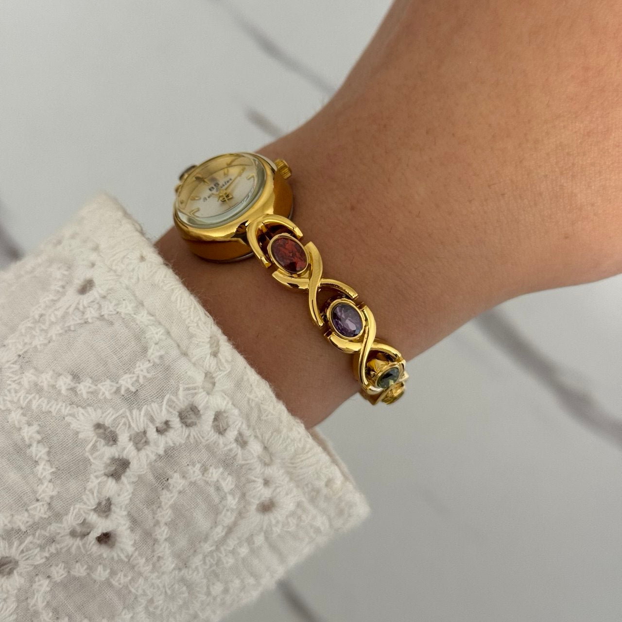 Gold Mini Watch Multicoloured Zircon Stones