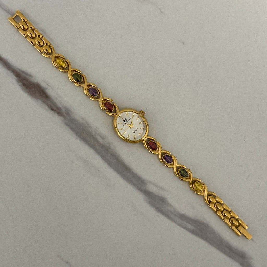 Gold Mini Watch Multicoloured Zircon Stones