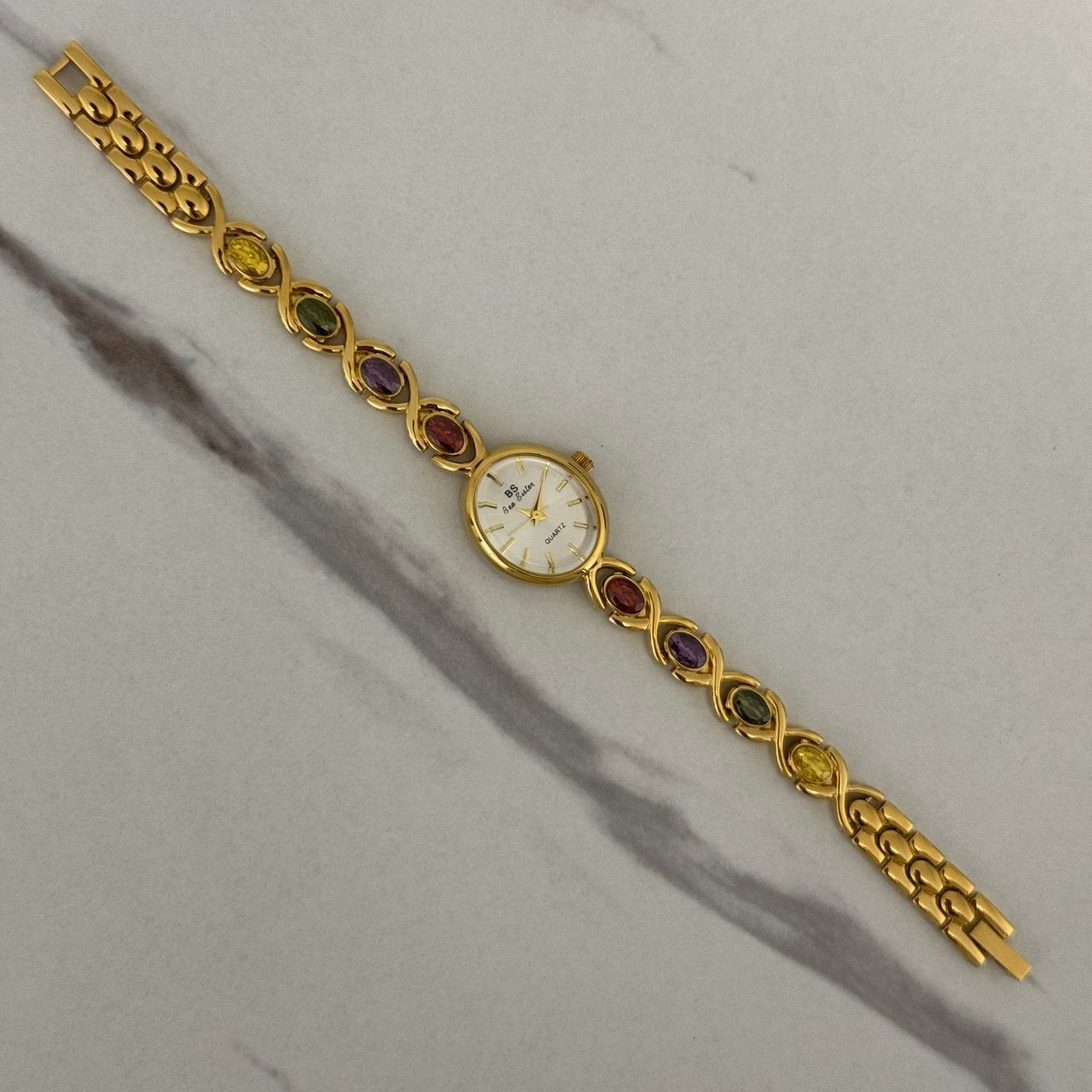 Gold Mini Watch Multicoloured Zircon Stones