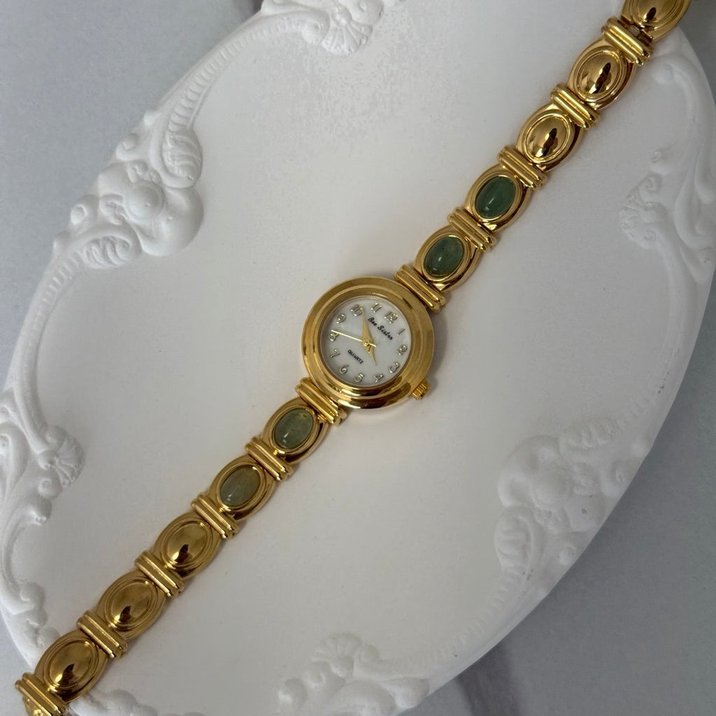 Gold Mini Watch Bracelet With Green Stones