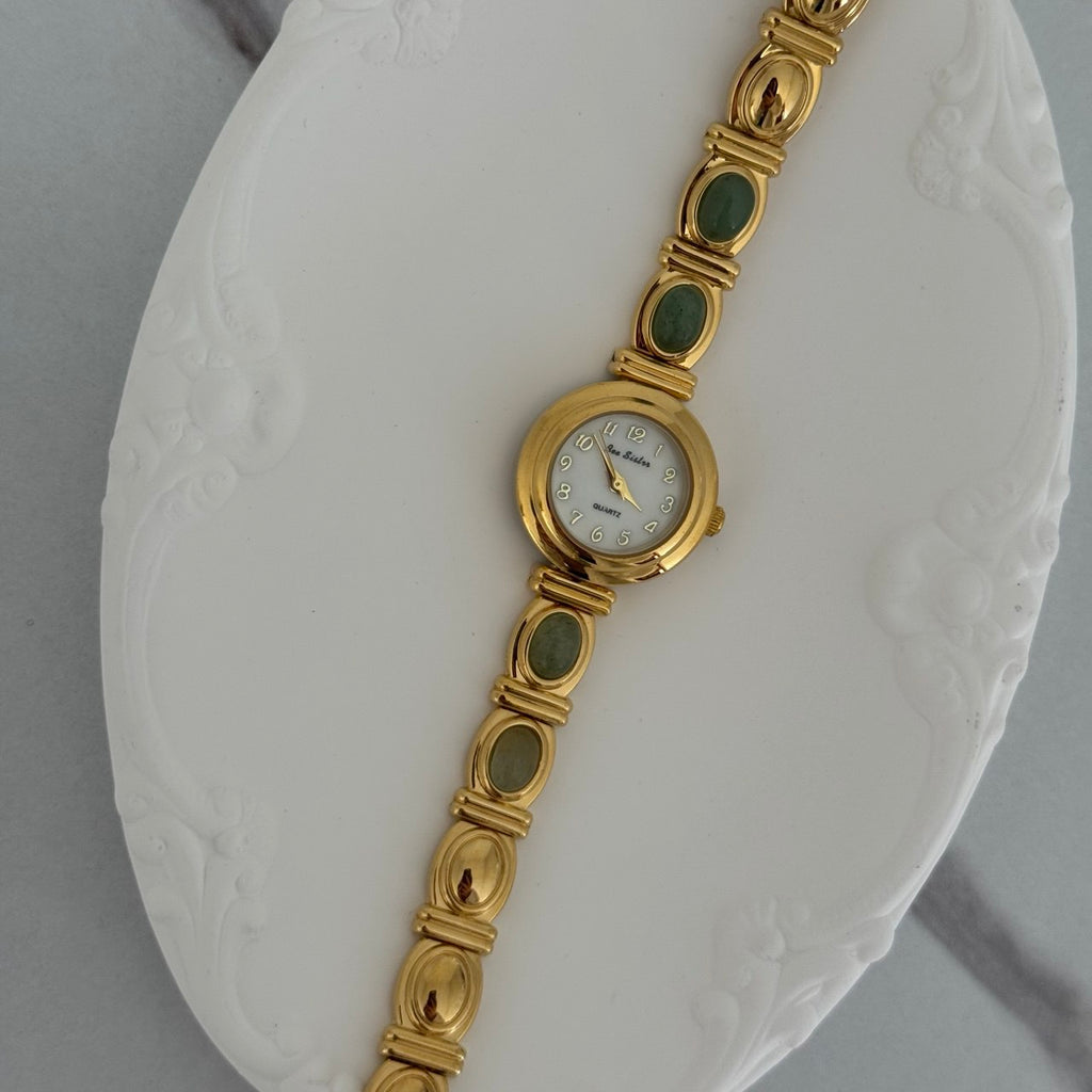Gold Mini Watch Bracelet With Green Stones