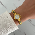 Gold Mini Watch Bracelet With Green Stones