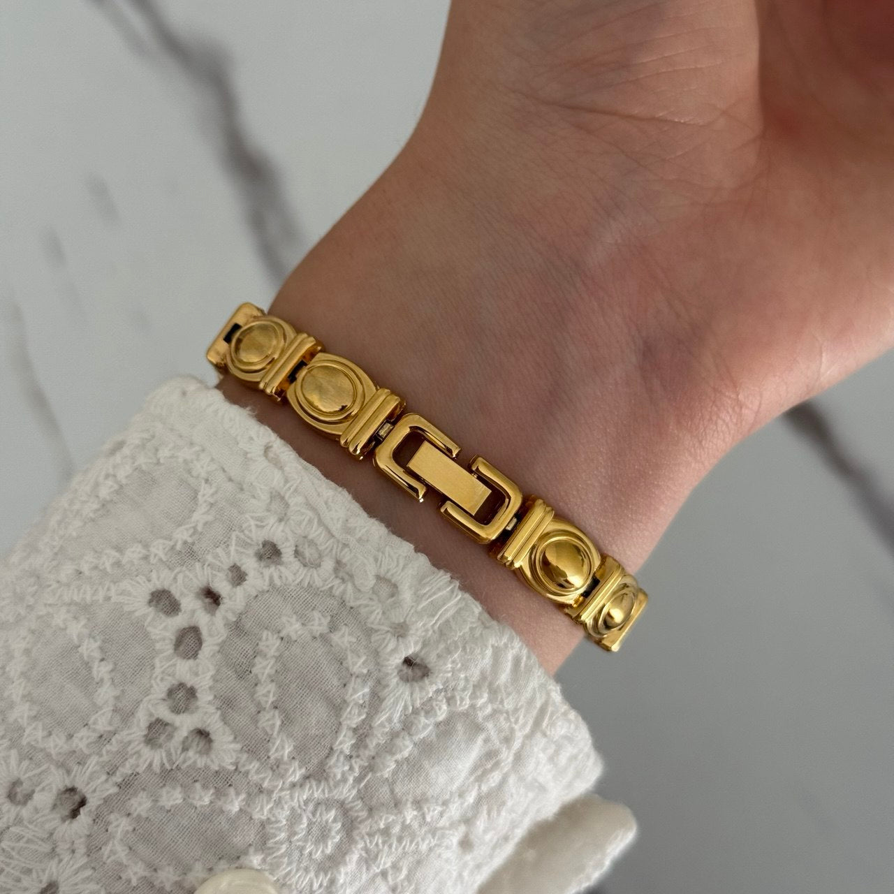 Gold Mini Watch Bracelet With Green Stones