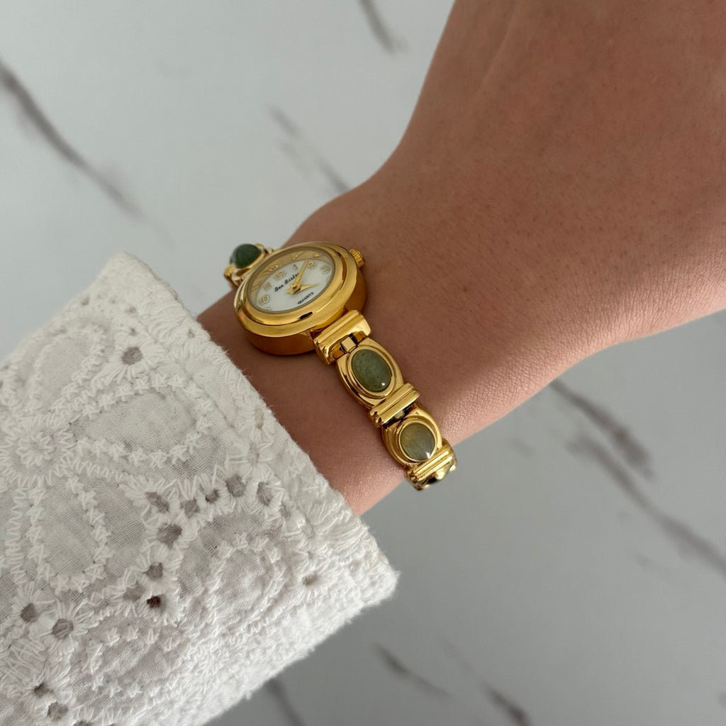 Gold Mini Watch Bracelet With Green Stones
