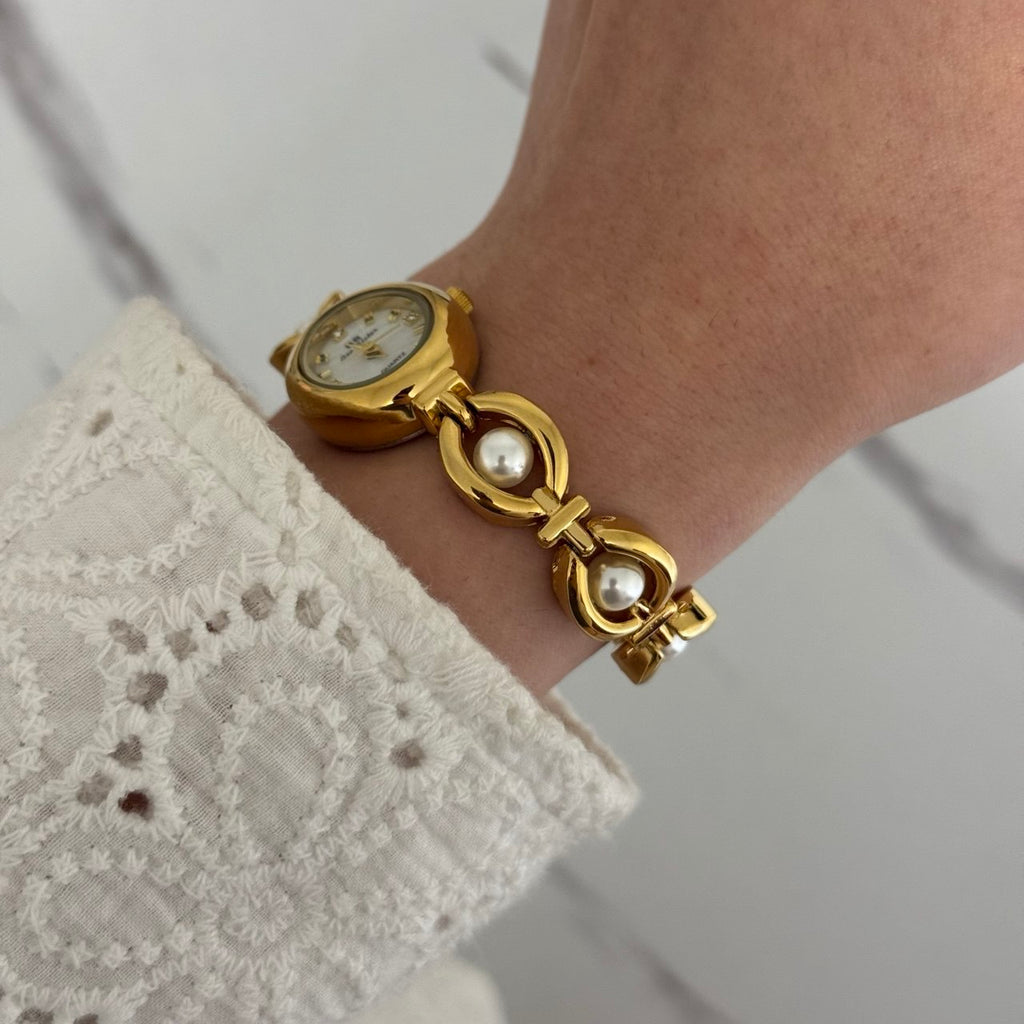 Gold/White Pearls Mini Watch