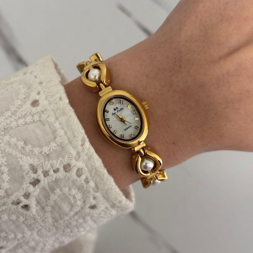 Gold/White Pearls Mini Watch