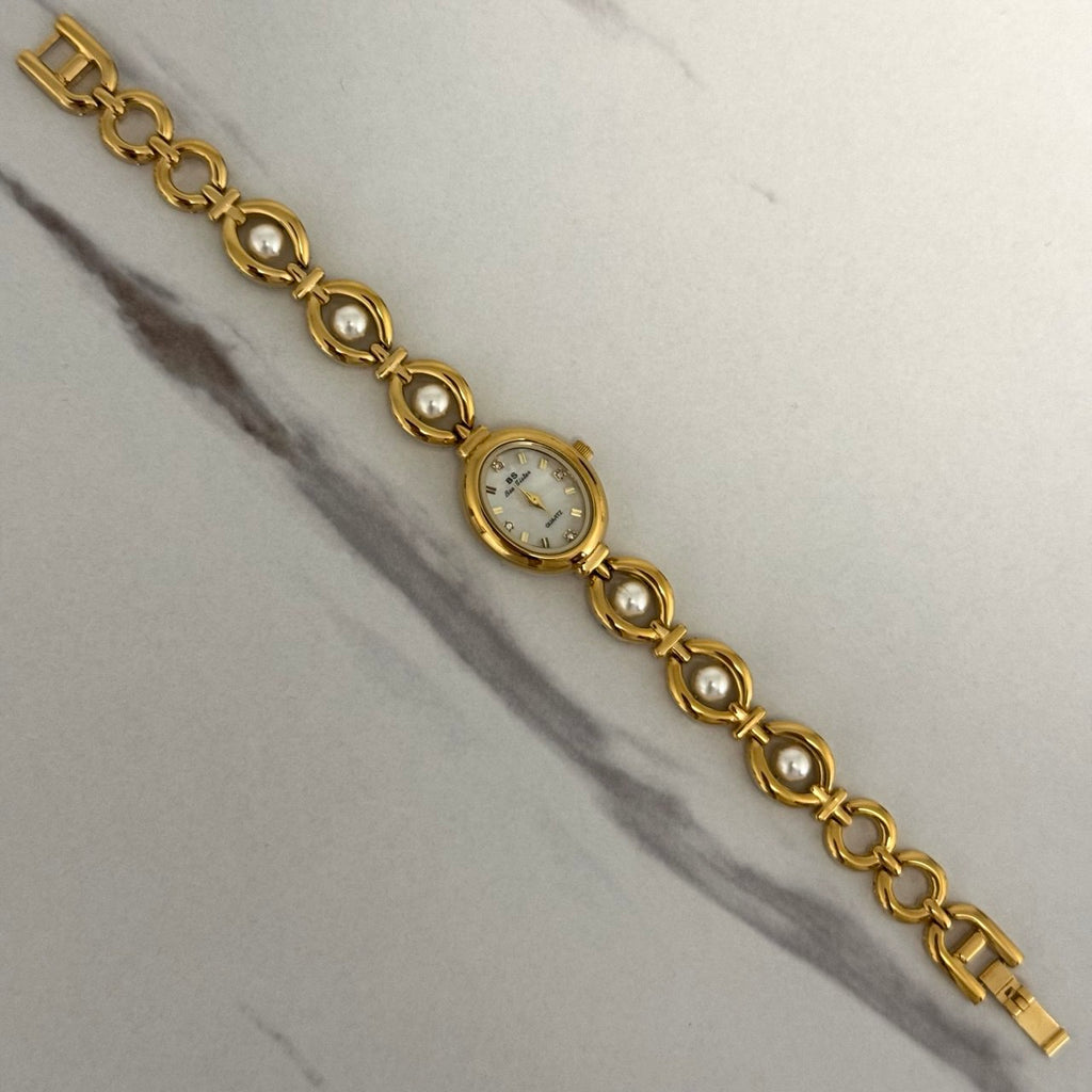 Gold/White Pearls Mini Watch