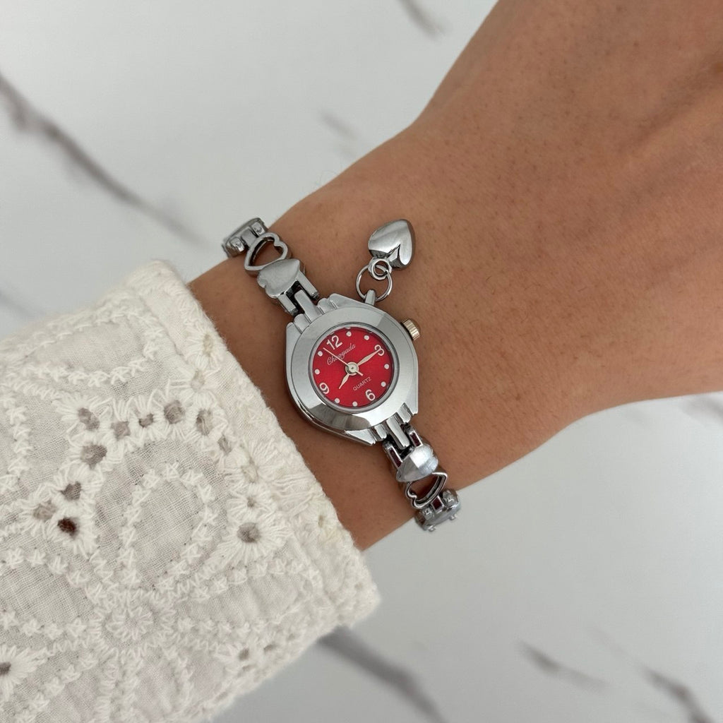 Silver/Red Watch Heart Charm