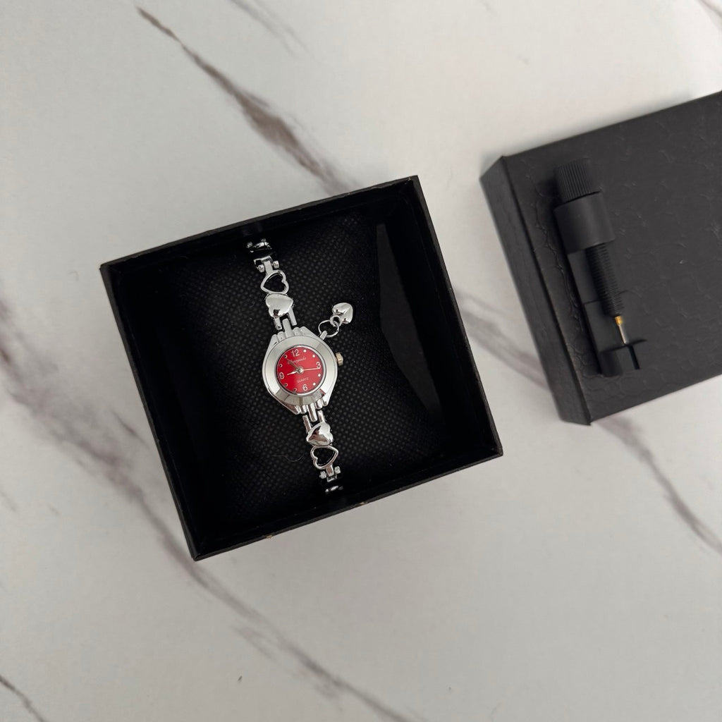 Silver/Red Watch Heart Charm