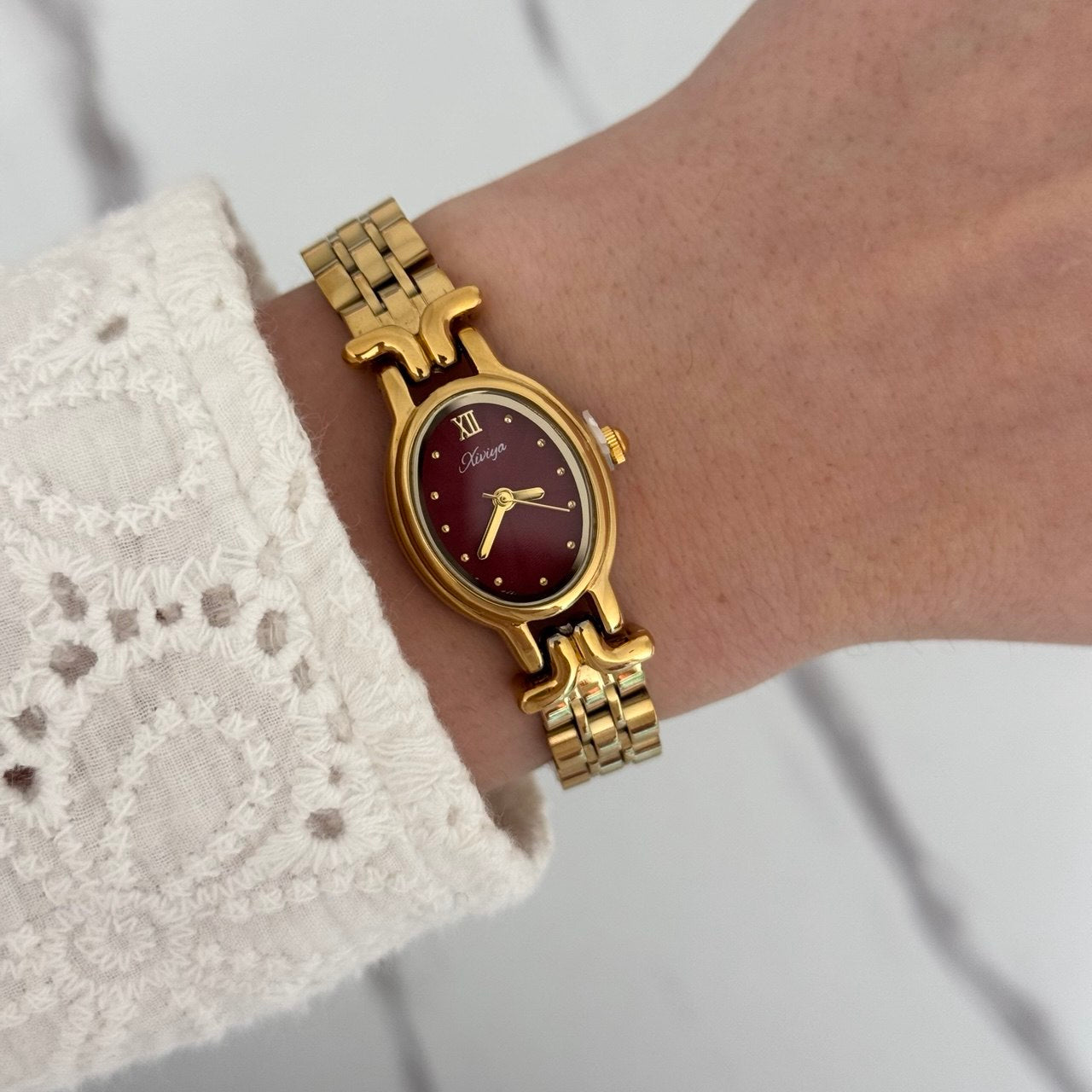 Gold/Burgundy Watch Bracelet