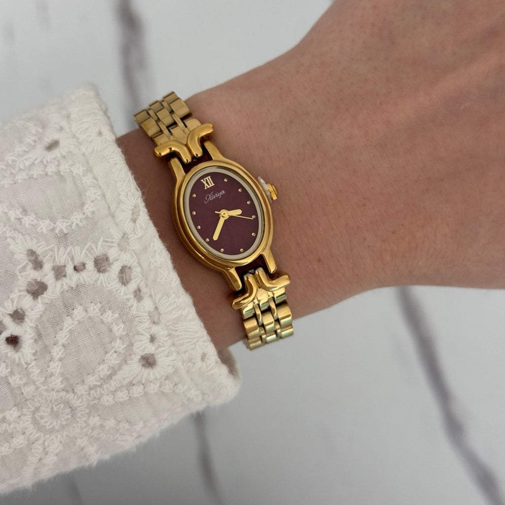 Gold/Burgundy Watch Bracelet