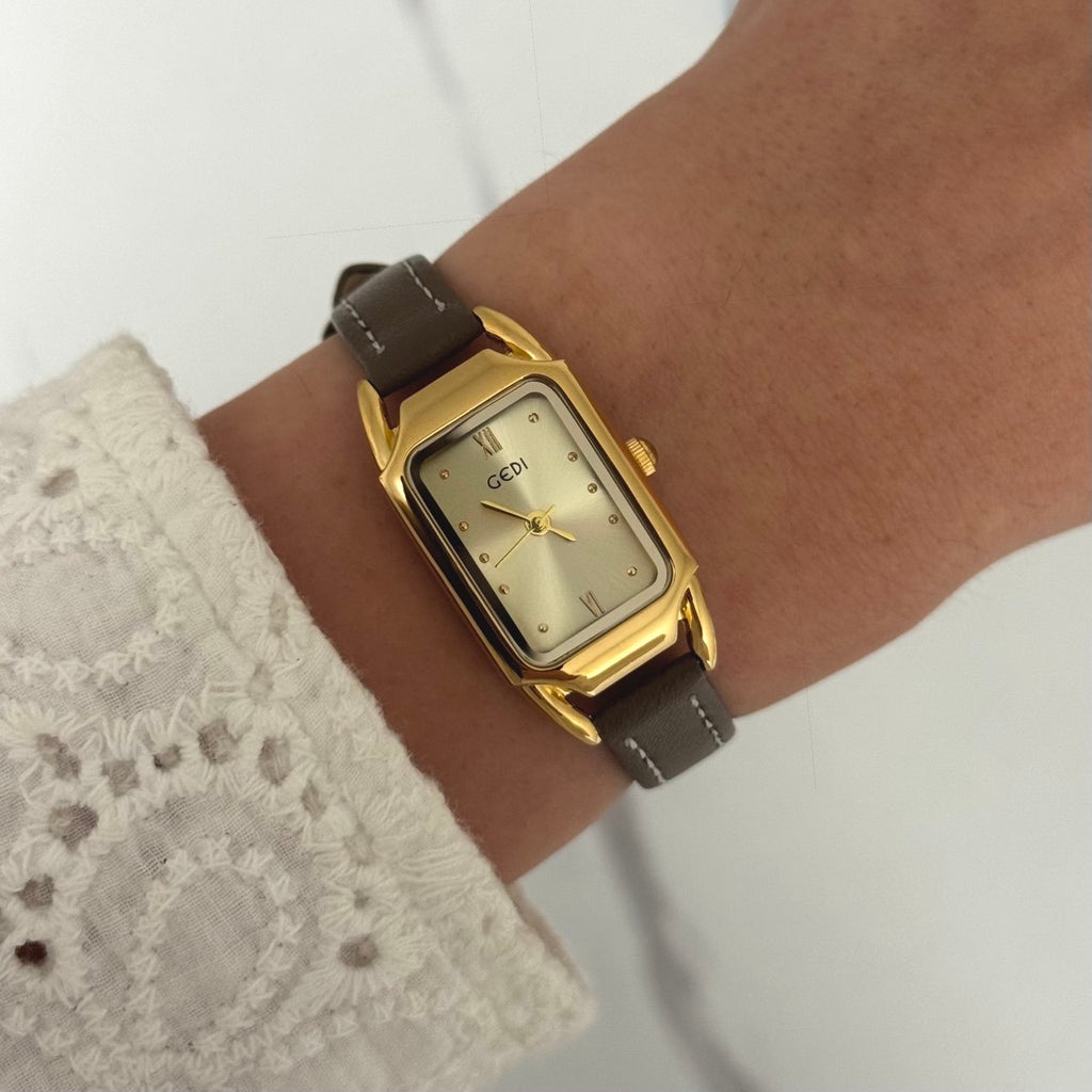 Retro Watch Gold Brown/Grey Leather Strap