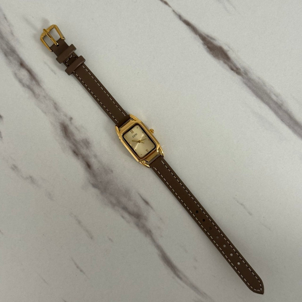 Retro Watch Gold Brown/Grey Leather Strap