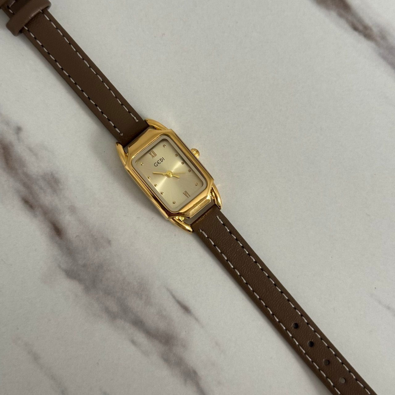 Retro Watch Gold Brown/Grey Leather Strap