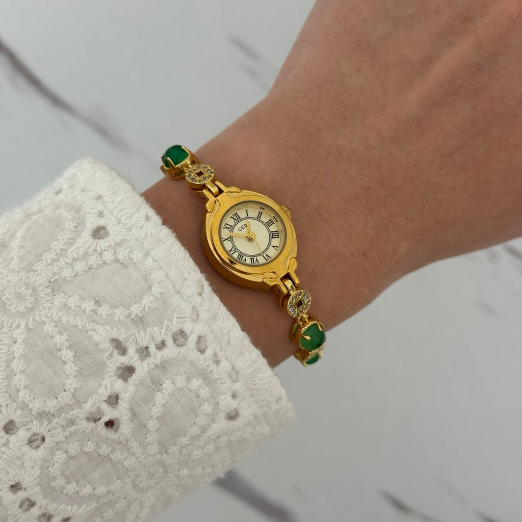 Gold Watch Green Zircon Stone