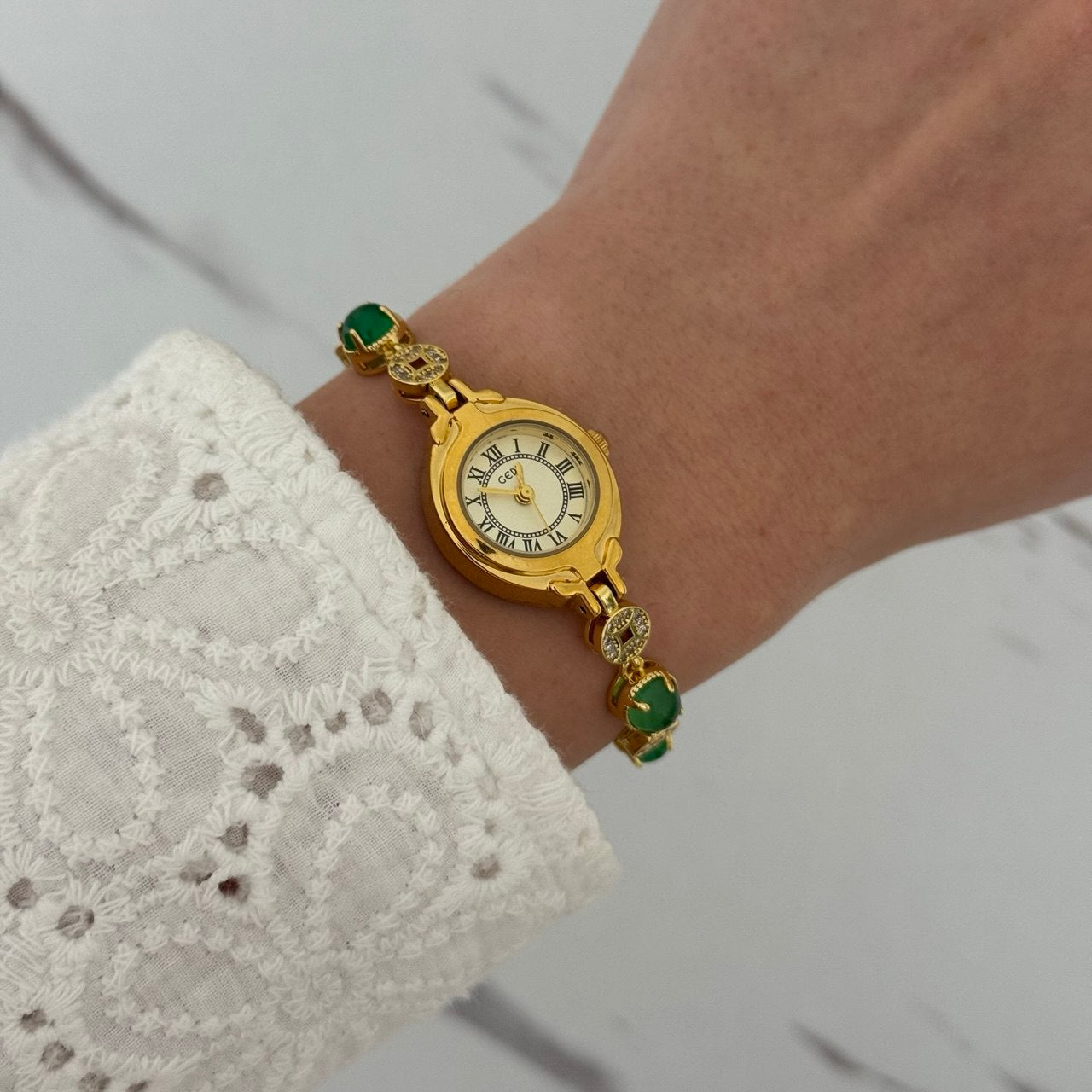 Gold Watch Green Zircon Stone