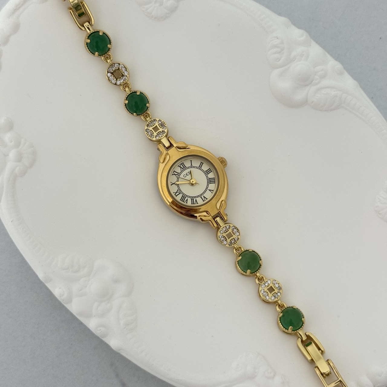 Gold Watch Green Zircon Stone