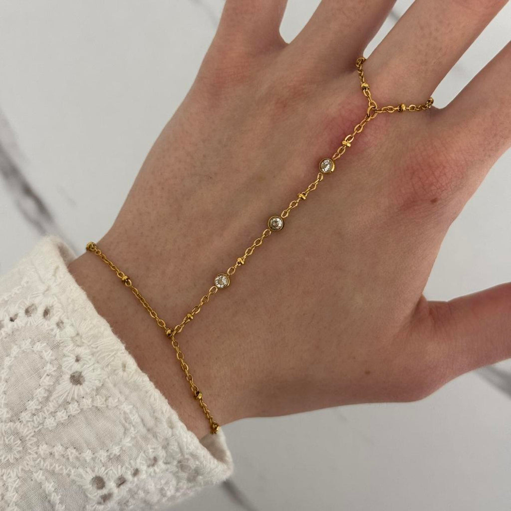 Gold Tone Zircon Stone Chain Ring Bracelet