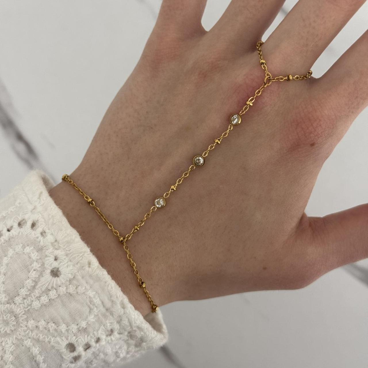 Gold Tone Zircon Stone Chain Ring Bracelet