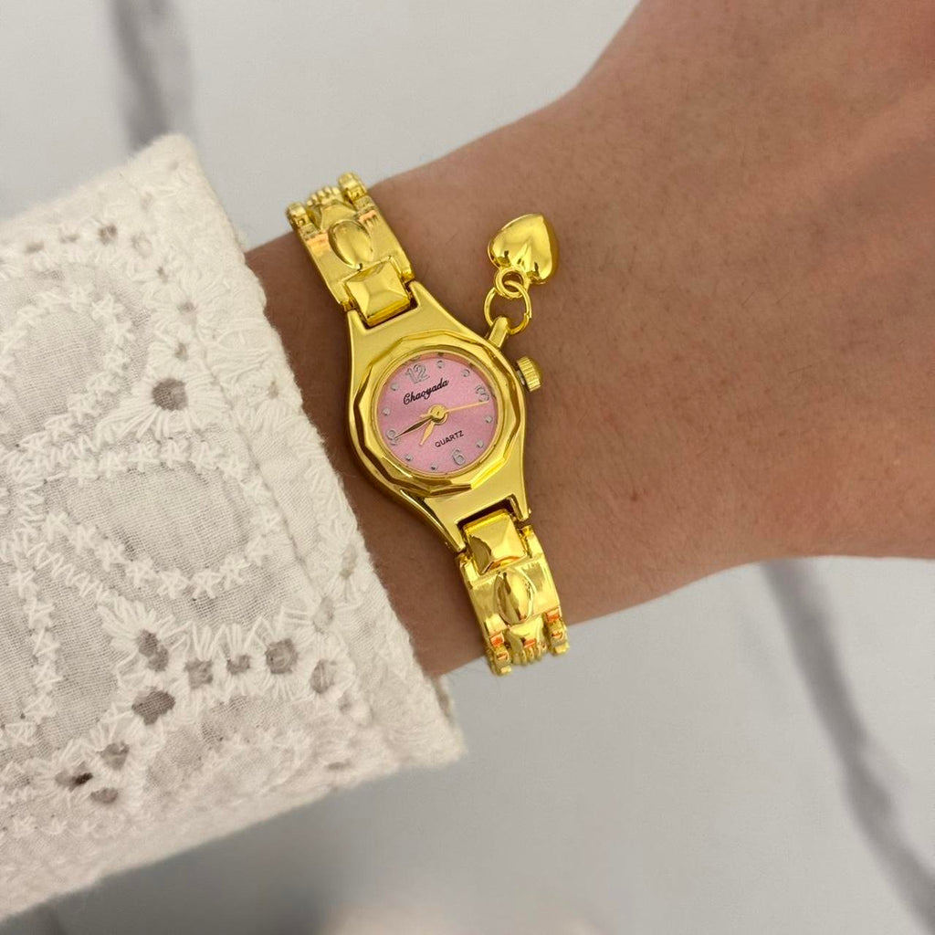 Gold/Pink Mini Watch Heart Charm
