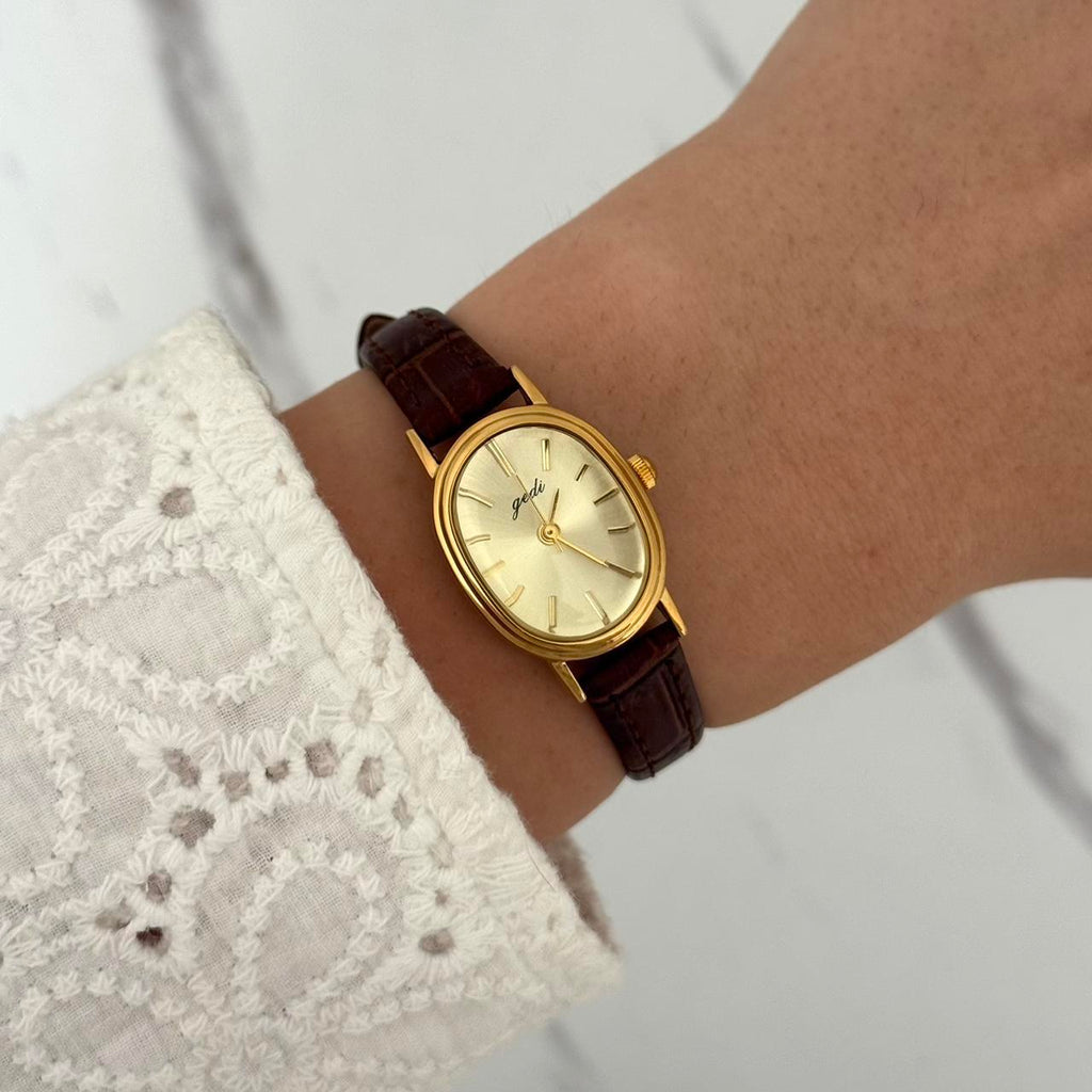Watch Gold Brown Leather Strap