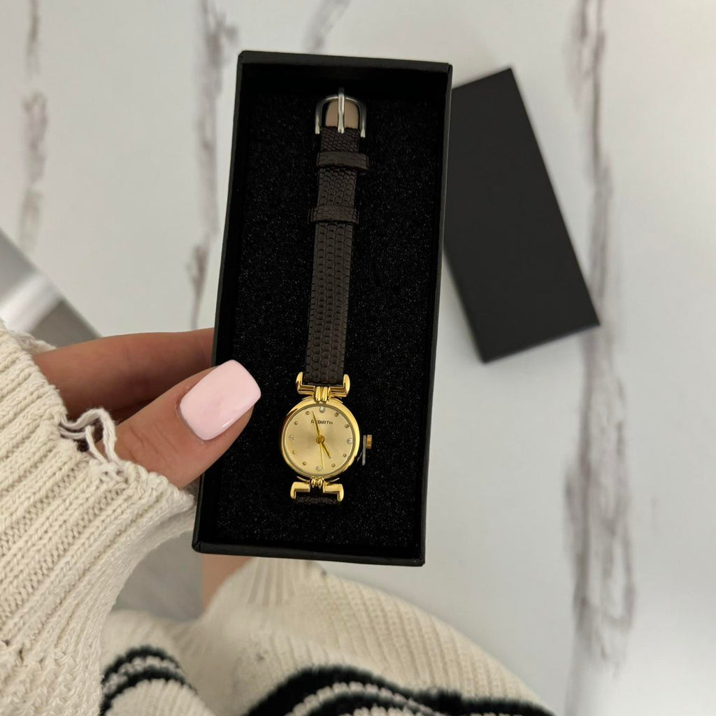 Round Gold mini Watch Black/Brown Leather Strap