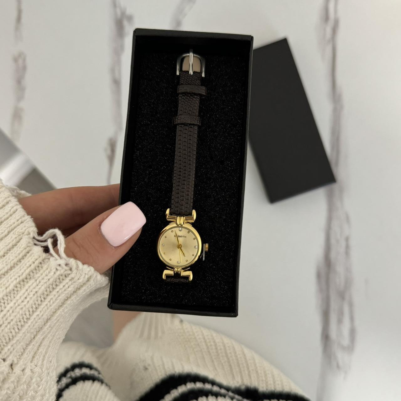 Round Gold mini Watch Black/Brown Leather Strap