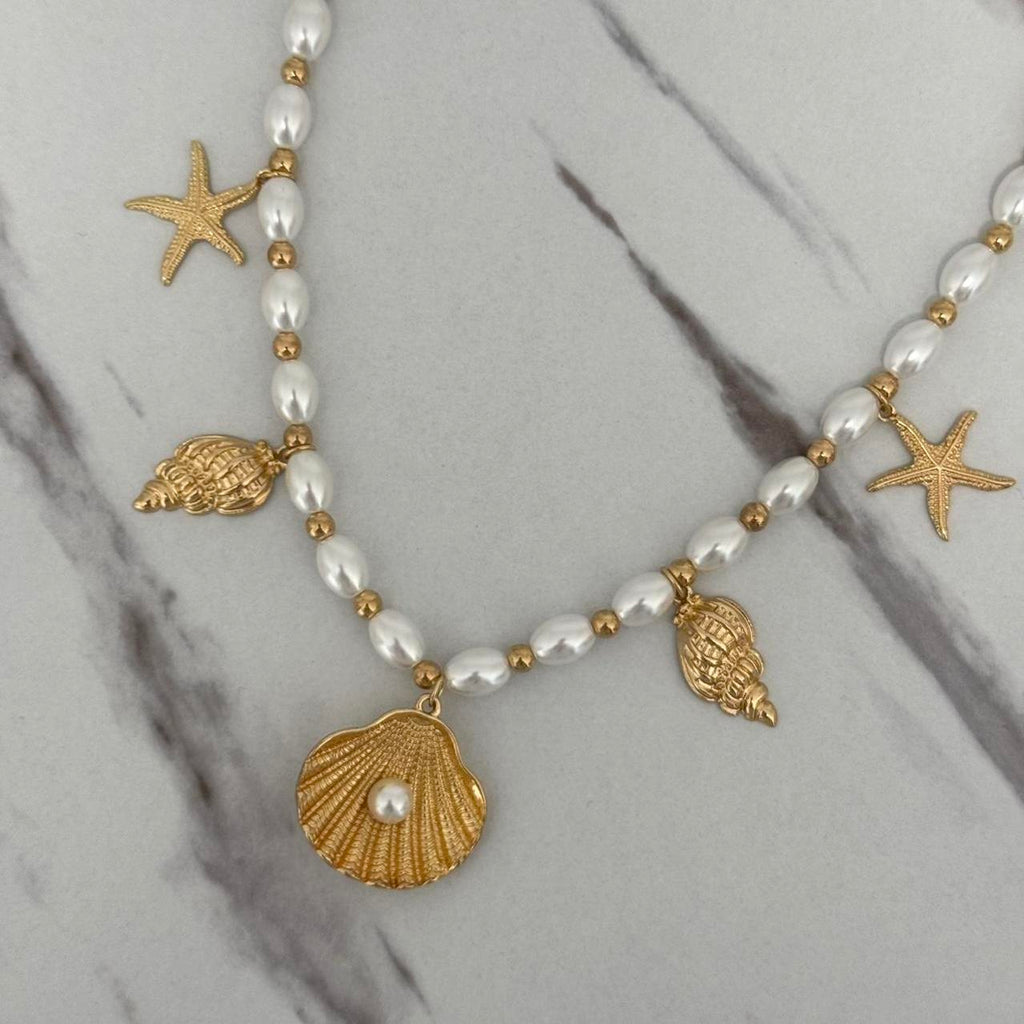 Pearl/Gold Charms Chain Necklace