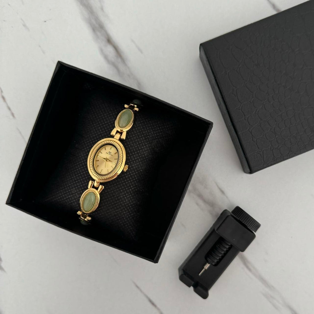 Gold Watch Bracelet Green Stones