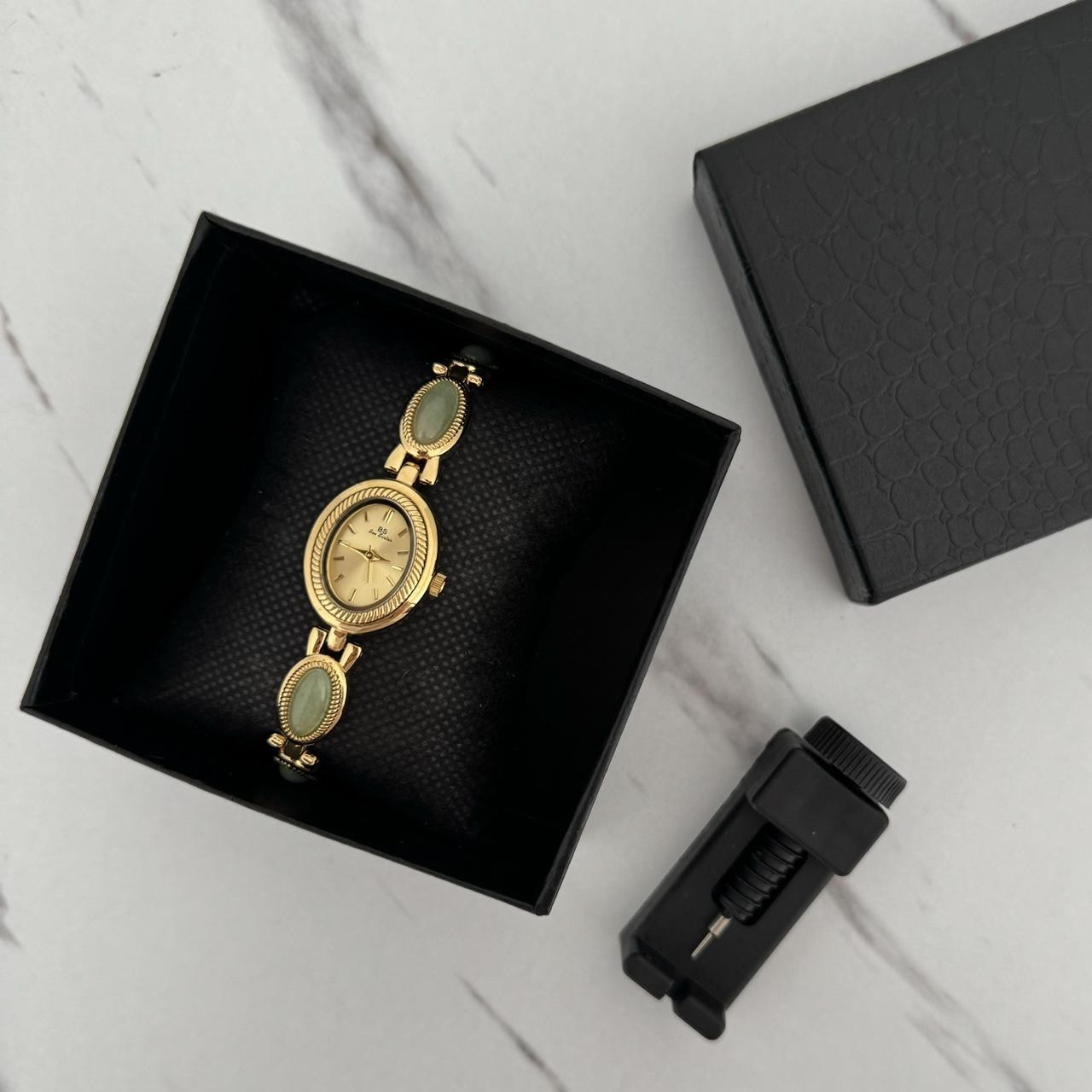 Gold Watch Bracelet Green Stones