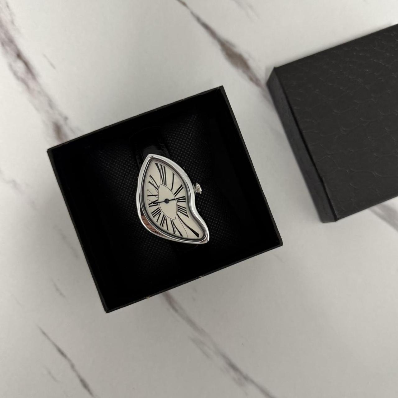 Salvador Dali Silver/White Watch With Black Leather Strap