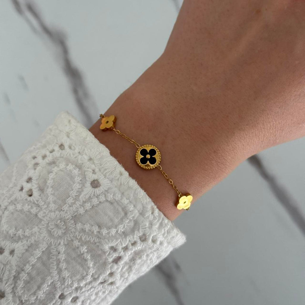 Gold Bracelet Black Flowers
