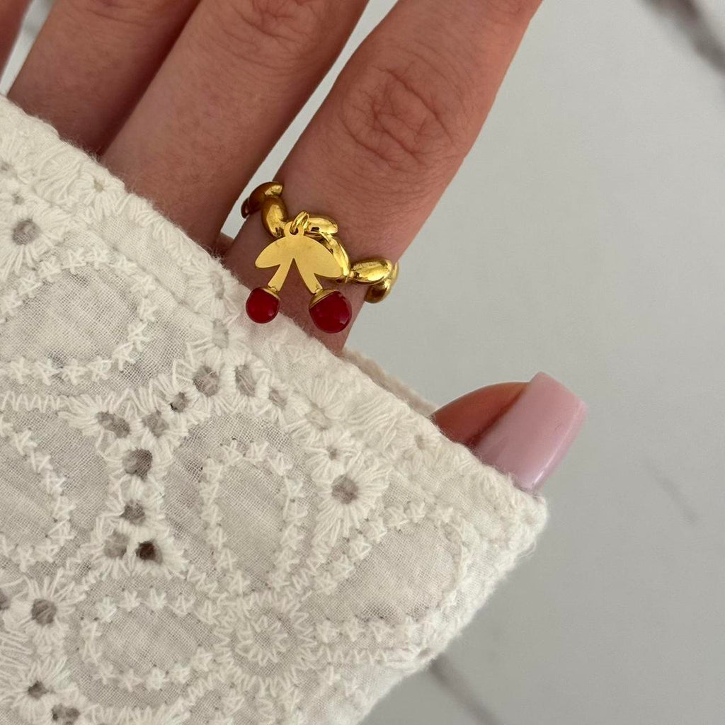 Vintage Vibe Gold Red Cherry Charm Ring