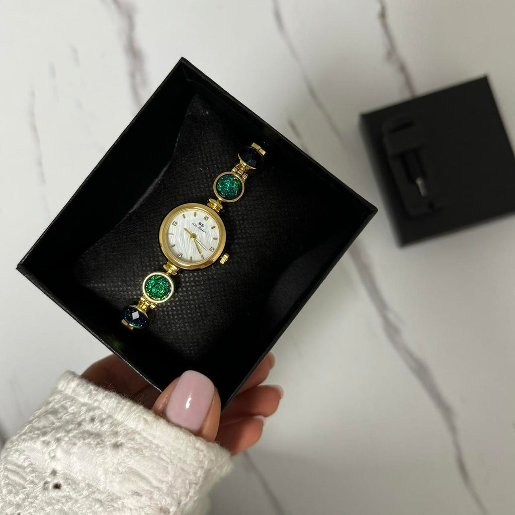 Gold Watch Bracelet Green/Blue Stones