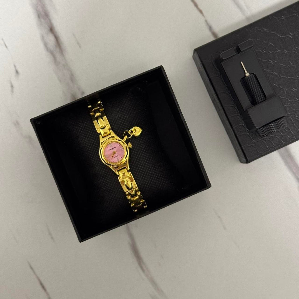 Gold/Pink Mini Watch Heart Charm