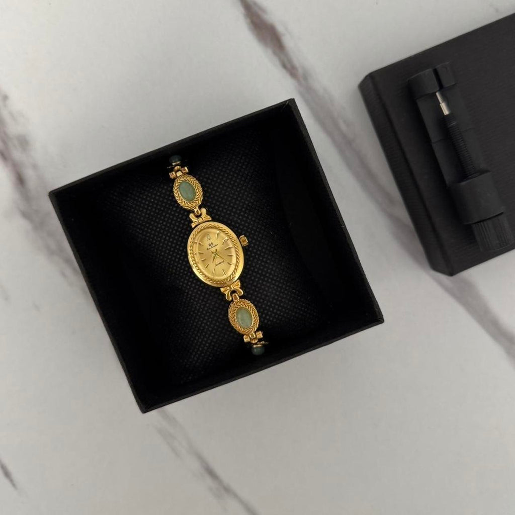 Elina Gold Watch Green Stones