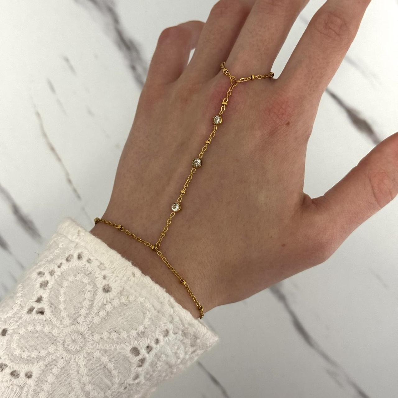 Gold Tone Zircon Stone Chain Ring Bracelet