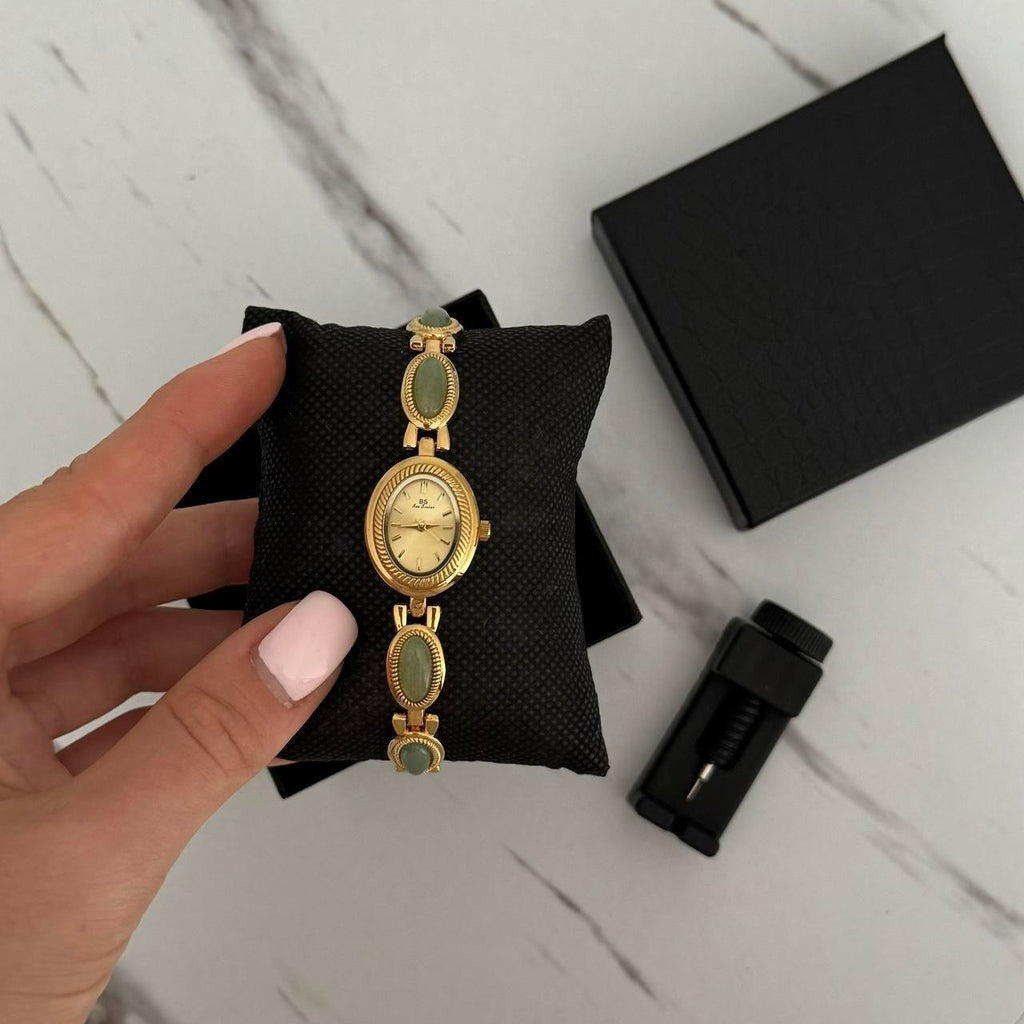 Gold Watch Bracelet Green Stones