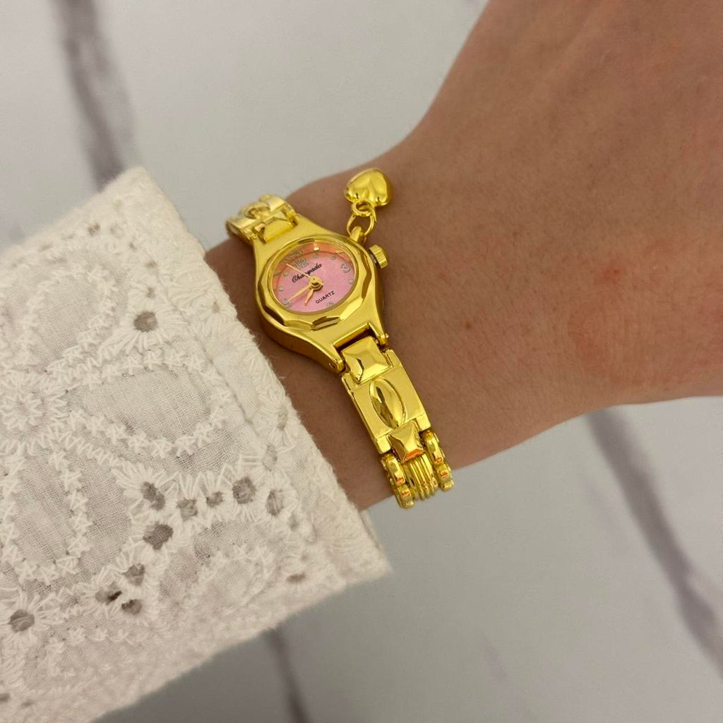 Gold/Pink Mini Watch Heart Charm