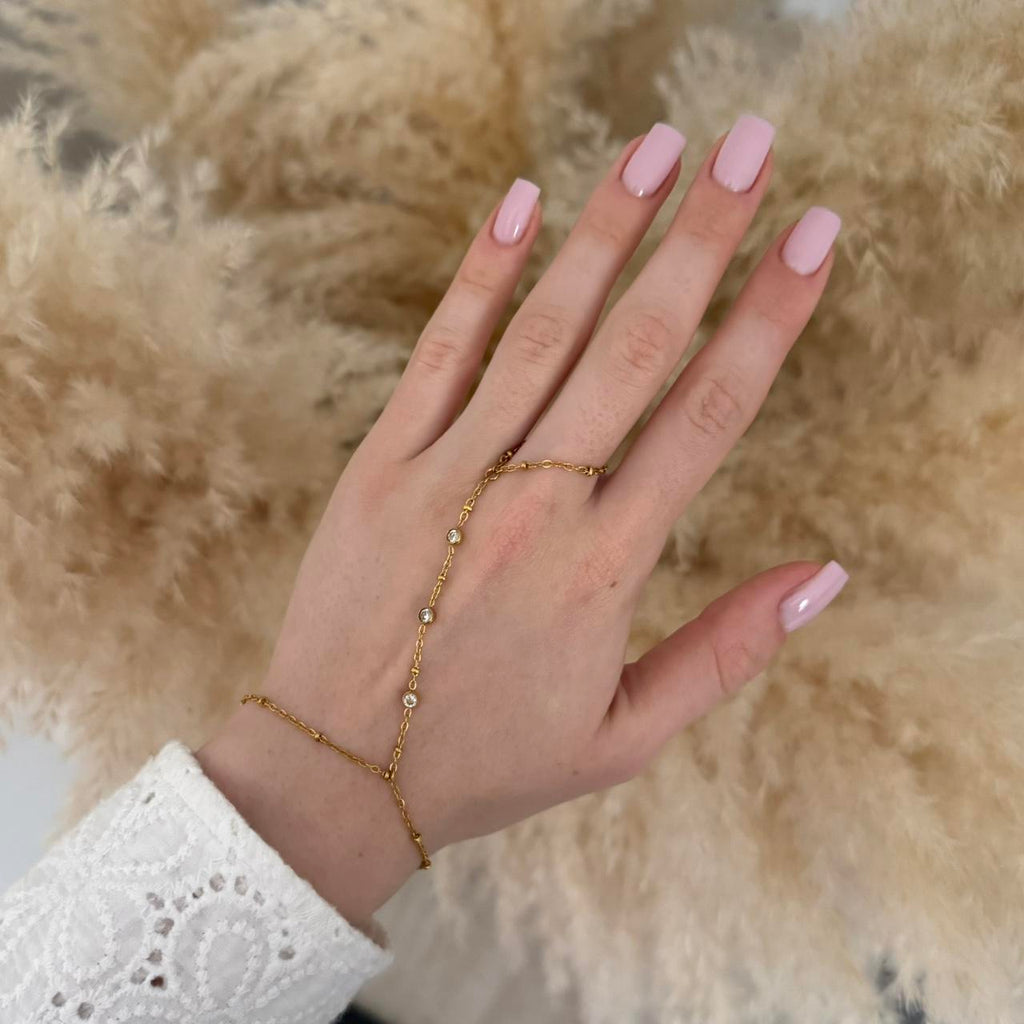 Gold Tone Zircon Stone Chain Ring Bracelet