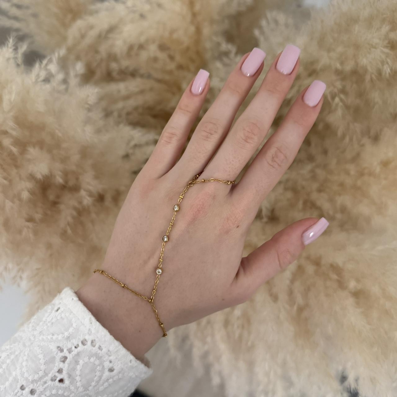 Gold Tone Zircon Stone Chain Ring Bracelet