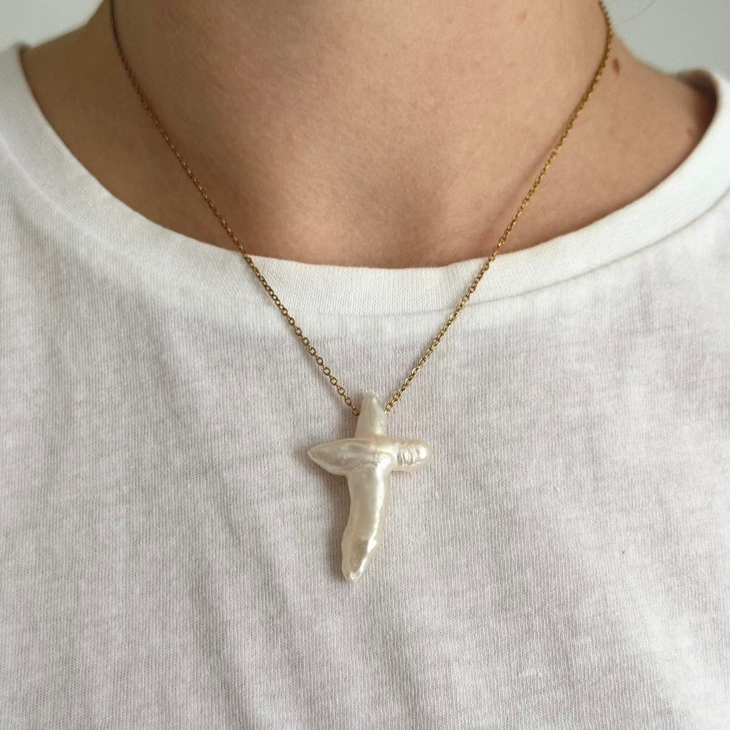 White Pearl Cross Pedant Necklace