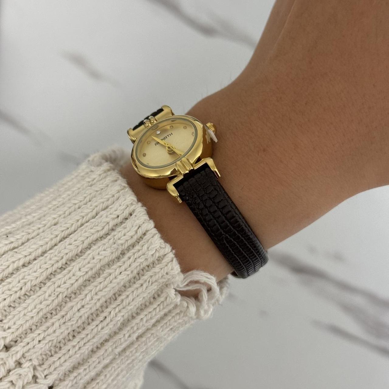 Round Gold mini Watch Black/Brown Leather Strap