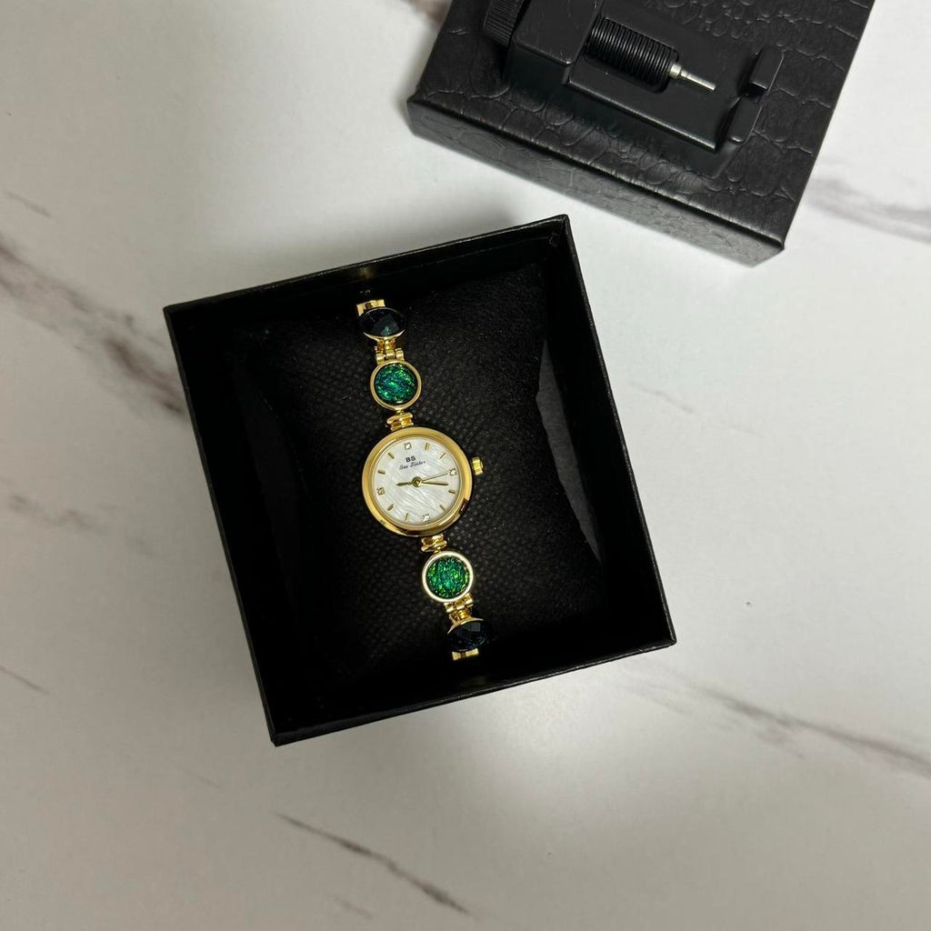 Gold Watch Bracelet Green/Blue Stones