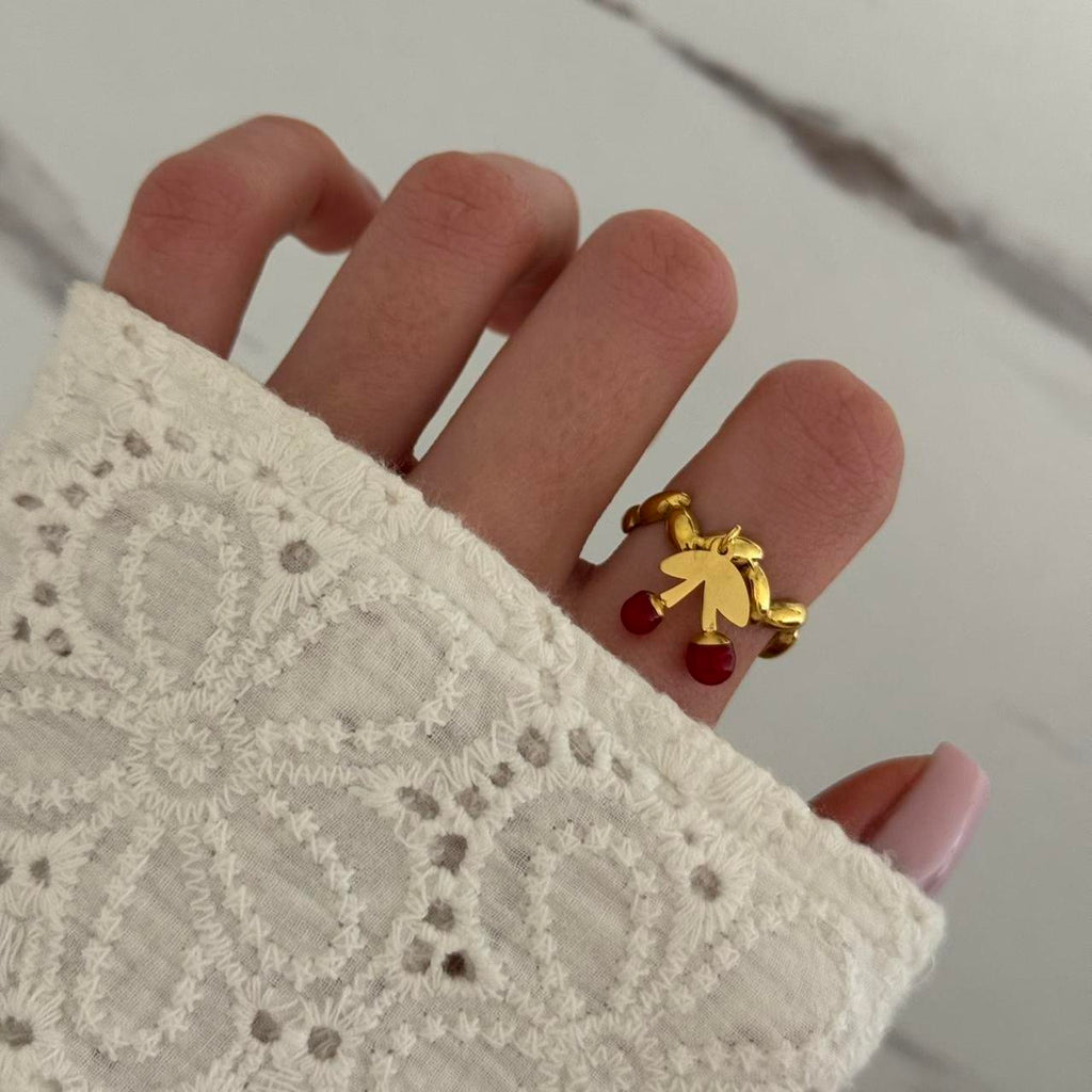 Vintage Vibe Gold Red Cherry Charm Ring