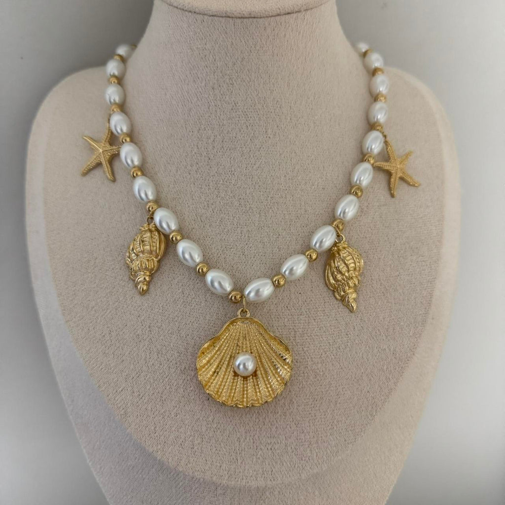 Pearl/Gold Charms Chain Necklace